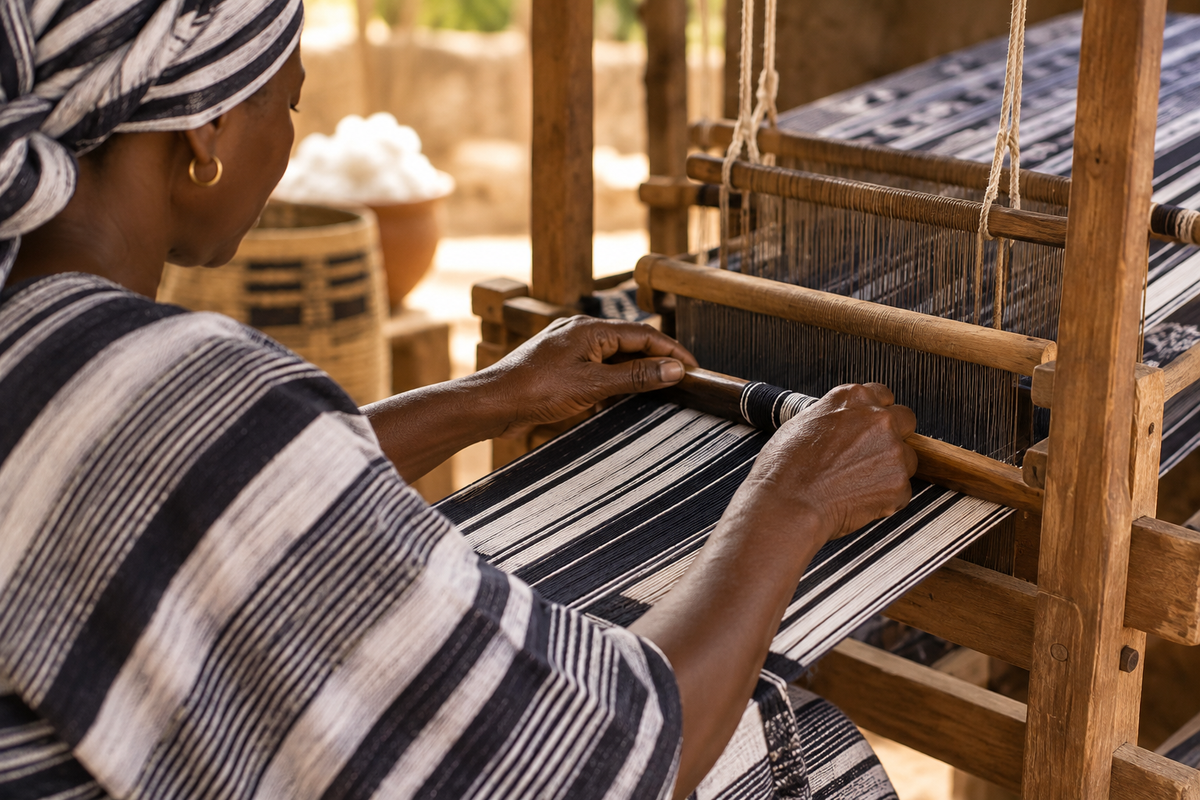 Tissage manuel d’une étoffe Faso Danfani sur un métier à tisser